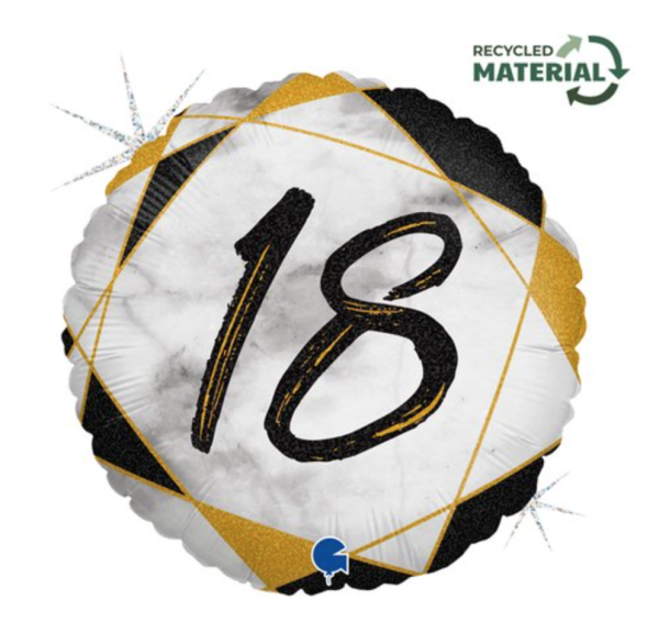 Folienballon - Marmoriert schwarz, Zahl 18 - ø 43cm